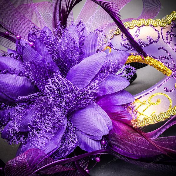Venetian Purple Side Mesh Flower Gold Glitter Women Eyes Masquerade Face Mask - Picture 4 of 4